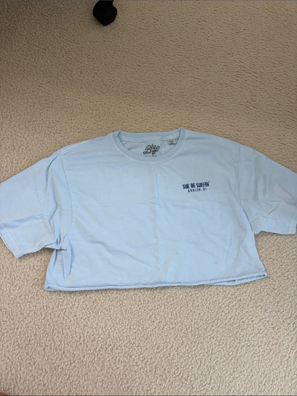 Blue Life Pale Blue Cropped Tee with 'She Be Surfin'' Chest Print